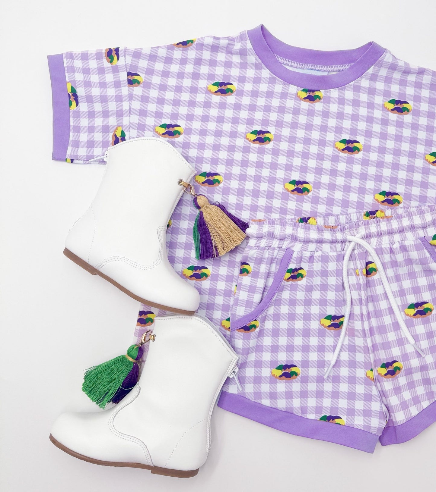 presale  GSSO2814   Baby Girls Mardigras Donuts Top Pockets Shorts Checked Clothes Sets   D 1114