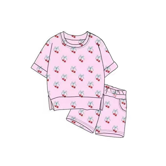 presale GSSO2816 Baby Girls Pink Bows Cherry Plaid Top Pockets Shorts Clothes Sets  D 1120