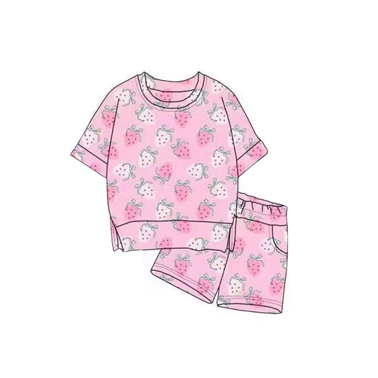 presale GSSO2817 Baby Girls Pink Bows Strawberry Top Pockets Shorts Clothes Sets  D 1120