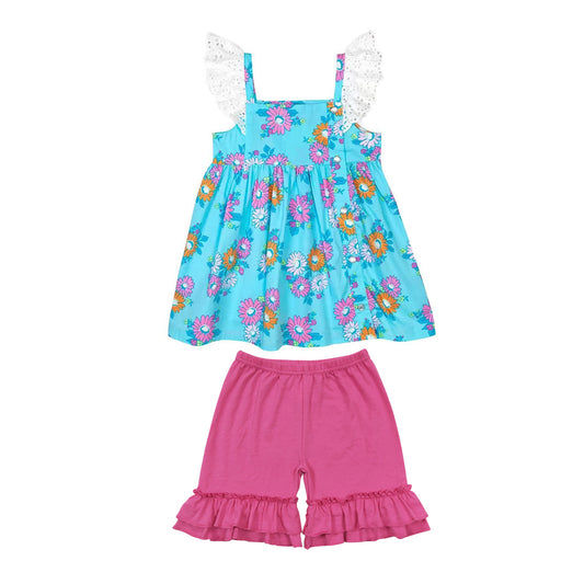 presale GSSO2825 Baby Girls Flutter Sleeve Flowers Tunic Ruffle Shorts Clothes Sets  D 1120