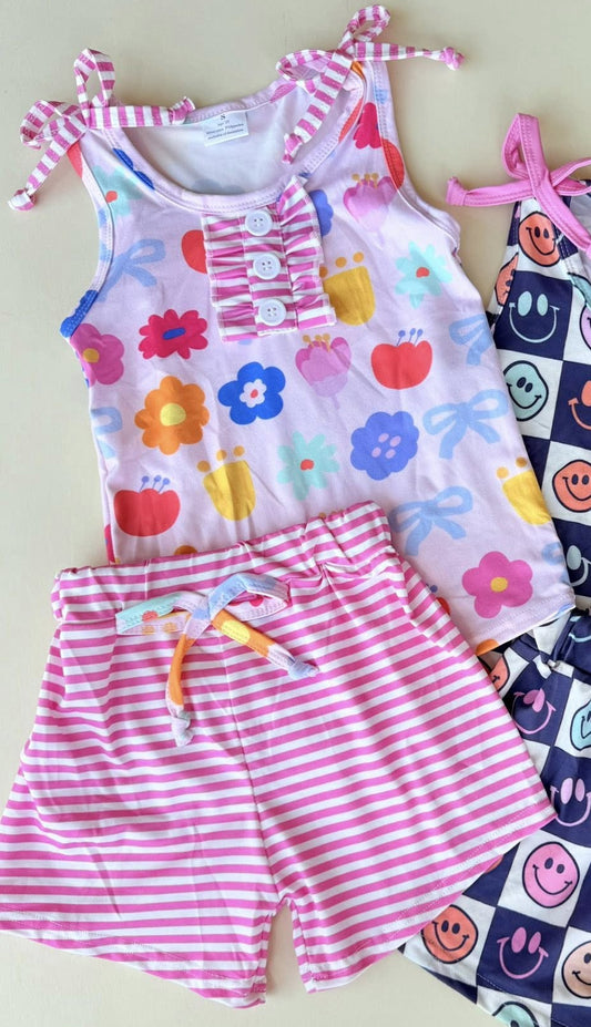 presale GSSO2830 Baby Girls Colorful Flowers Button Top Stripe Shorts Clothes Sets D 1126