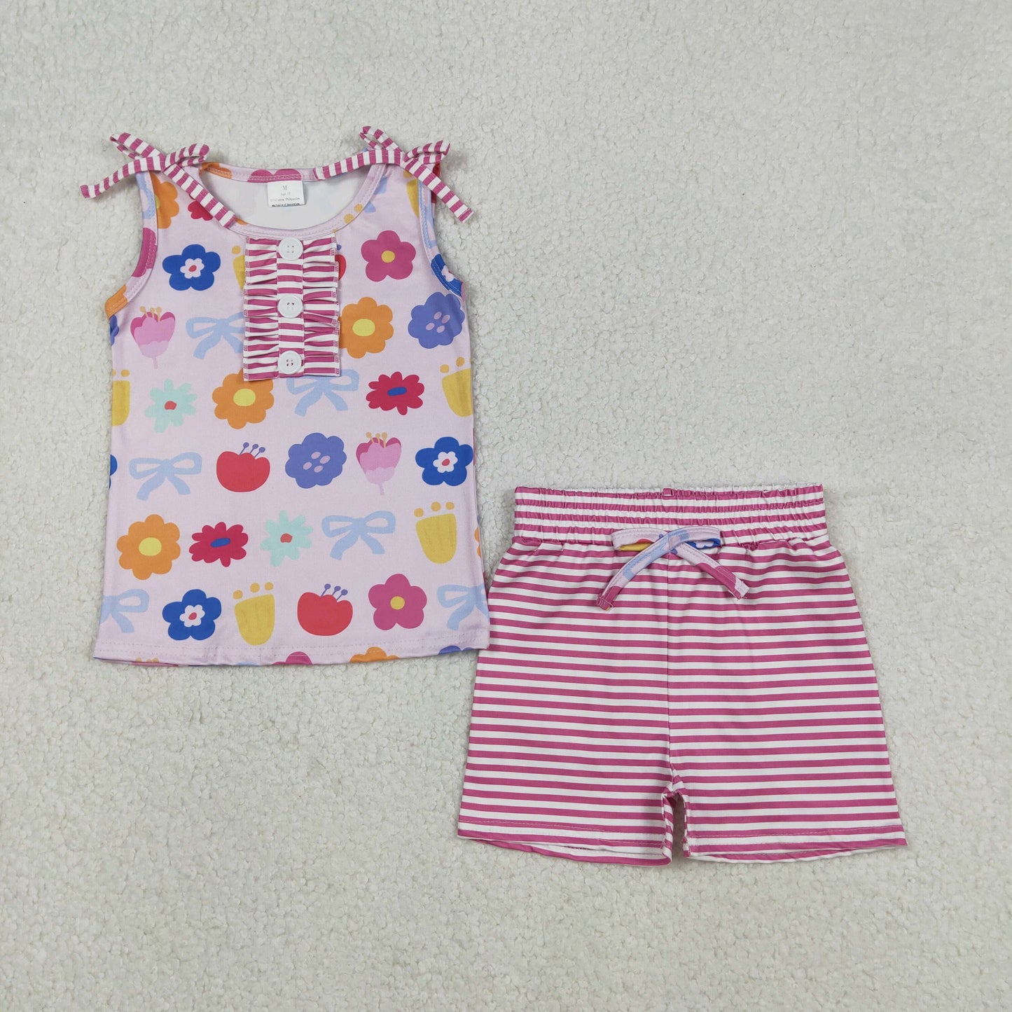 Baby Girls Colorful Flowers Button Top And Stripe Shorts Outfit Set Cute Clothing Ensemble for Infants