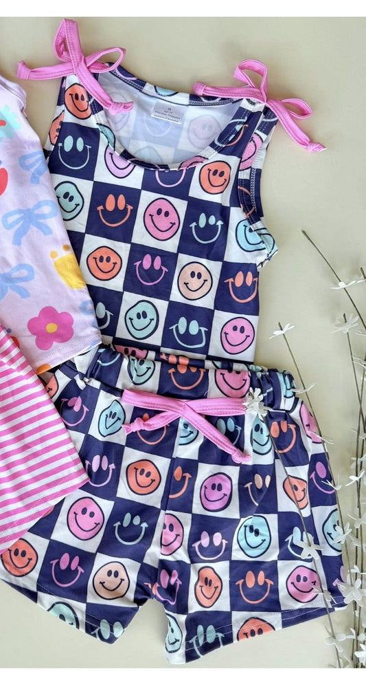 presale GSSO2831 Baby Girls Colorful Smiles Checked Top Pockets Shorts Clothes Sets D 1126