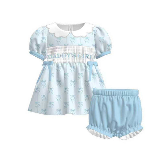 presale GSSO2832  Baby Girls Blue Daddy's Girl Bows Tunic Ruffle Shorts Clothes Sets Preorder  D 1126
