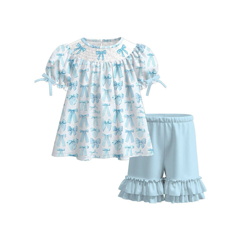 presale GSSO2833 Baby Girls Blue Bows Plaid Tunic Ruffle Shorts Clothes Sets  D 1126