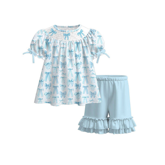 presale GSSO2833 Baby Girls Blue Bows Plaid Tunic Ruffle Shorts Clothes Sets  D 1126