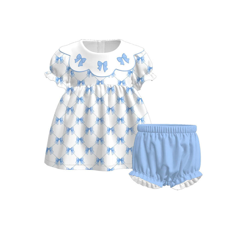 presale GSSO2834  Baby Girls Blue Bows Checked Tunic Ruffle Shorts Clothes Sets  D 1126