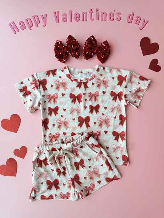 presale GSSO2835 Baby Girls Pink Harts Bows Top Pockets Shorts Valentine Clothes Sets D 1126