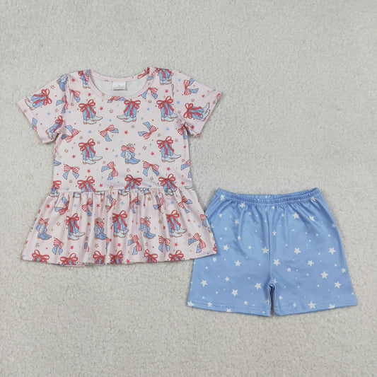 Baby Girls Western July 4th Outfit Set with Bows Boots Stars Tunic And Shorts - Patriotic Clothing for Babies