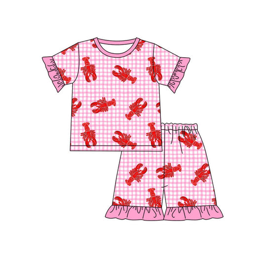 presale GSSO2839 Baby Boys Girls Pink Checked Crayfishes Top Ruffle Shorts Pajamas Sets D 1129