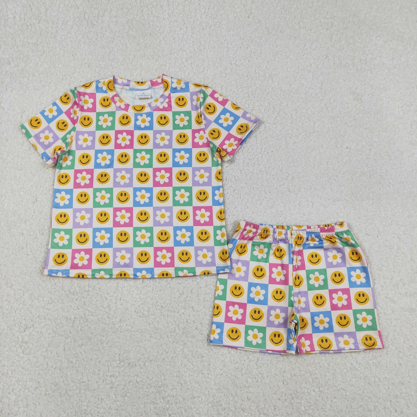 Baby Girls Colorful Smile Flowers Checked Shorts Set with Pockets Cute Casual Outfit Baby Girl Clothing Set