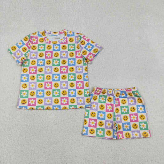 Baby Girls Colorful Smile Flowers Checked Shorts Set with Pockets Cute Casual Outfit Baby Girl Clothing Set