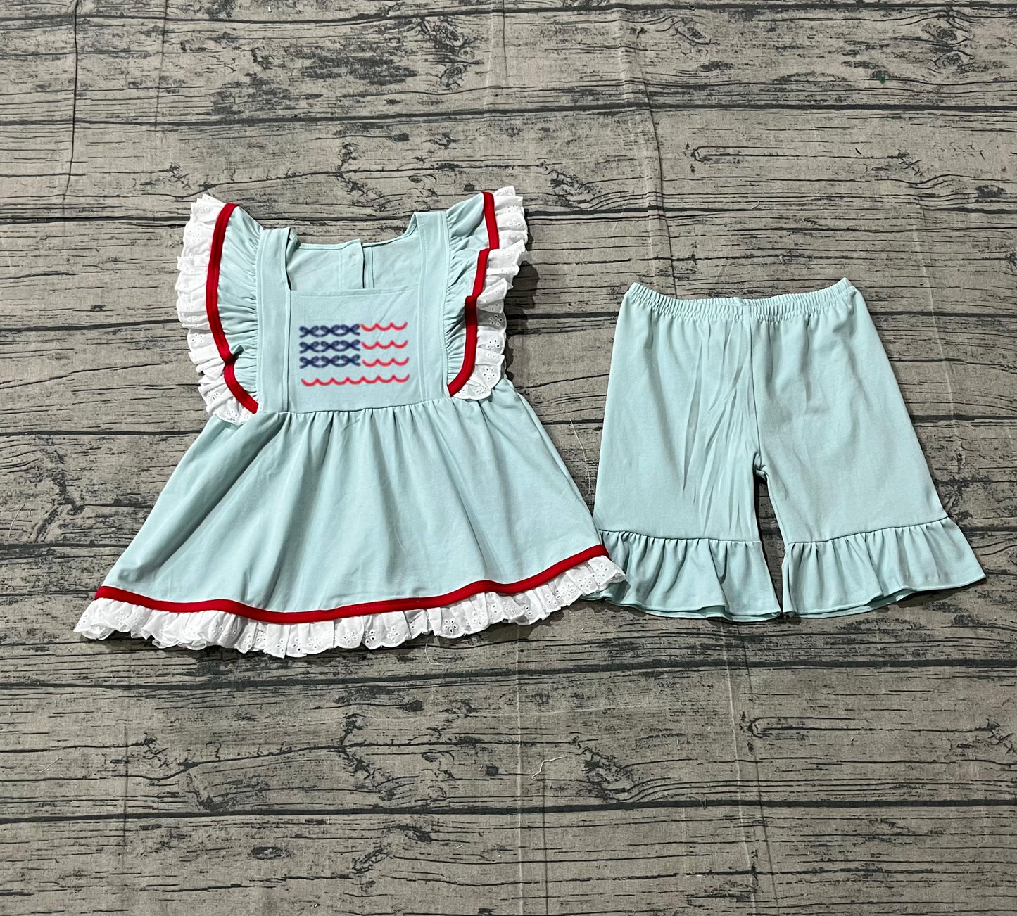Pre-order Baby Girls Blue Flutter Sleeve Flags Tunic Ruffle Shorts 4th of July Clothes Sets