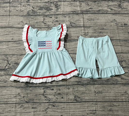 Pre-order Baby Girls Blue Flutter Sleeve Flags Tunic Ruffle Shorts 4th of July Clothes Sets