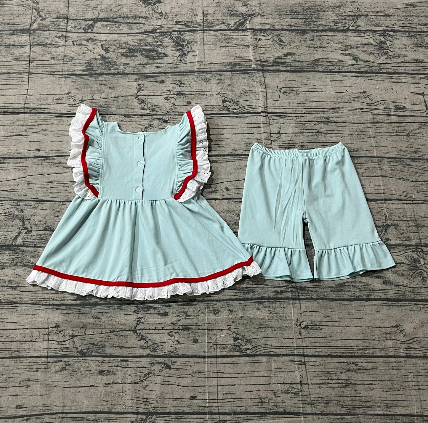 Pre-order Baby Girls Blue Flutter Sleeve Flags Tunic Ruffle Shorts 4th of July Clothes Sets