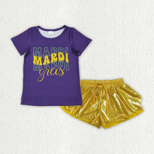 Baby Girls Purple Mardi Gras Top with Gold Leather Ruffle Shorts Outfit Set for Infants