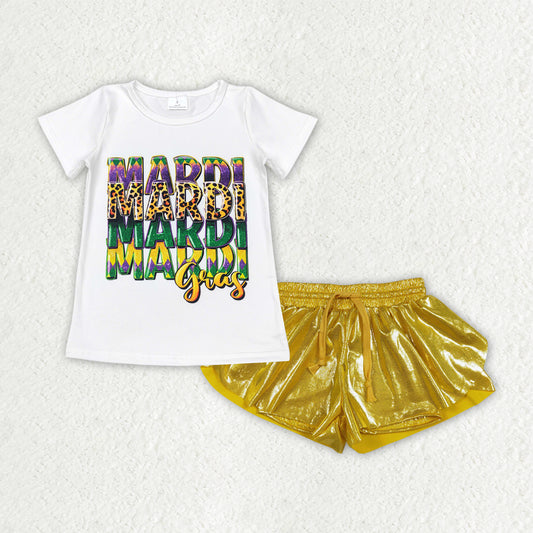 Baby Girls White Mardi Gras Top with Gold Leather Ruffle Shorts Outfit Set for Infants