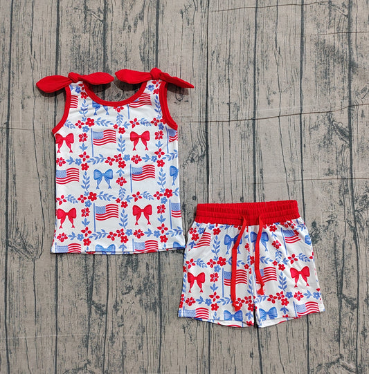 Pre-order Baby Girls Red Blue Flowers Flags Top Pockets Shorts 4th of July Clothes Sets