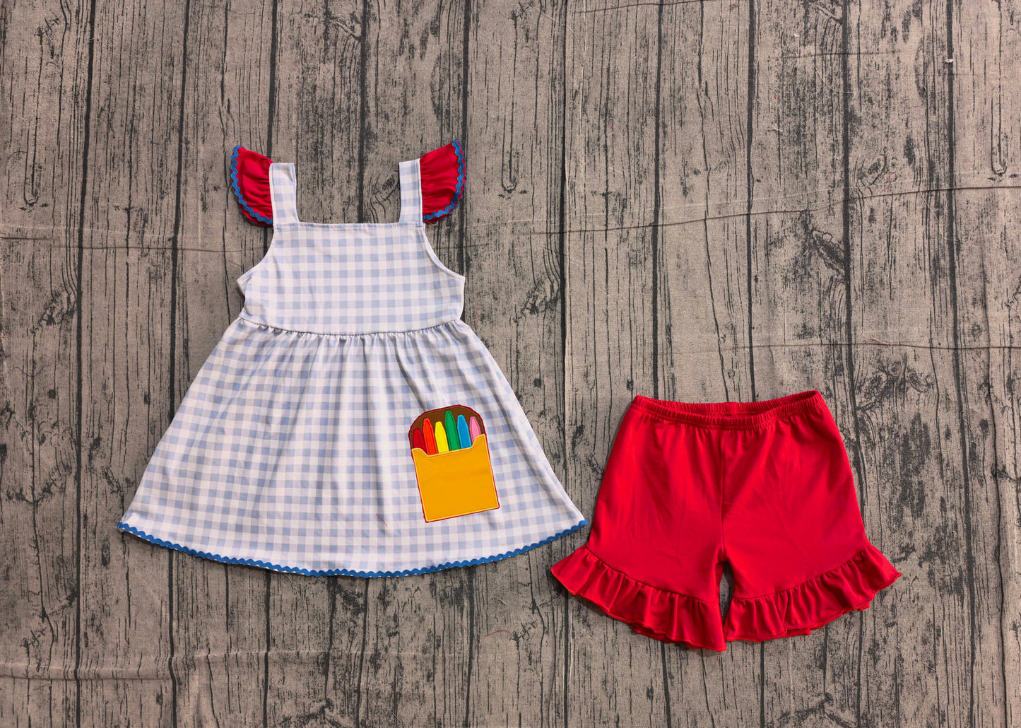 Pre-order Embroidery Pencils Baby Girls Checked Tunic Ruffle Shorts Back to School Clothes Sets