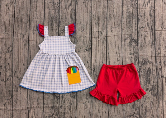 Pre-order Embroidery Pencils Baby Girls Checked Tunic Ruffle Shorts Back to School Clothes Sets