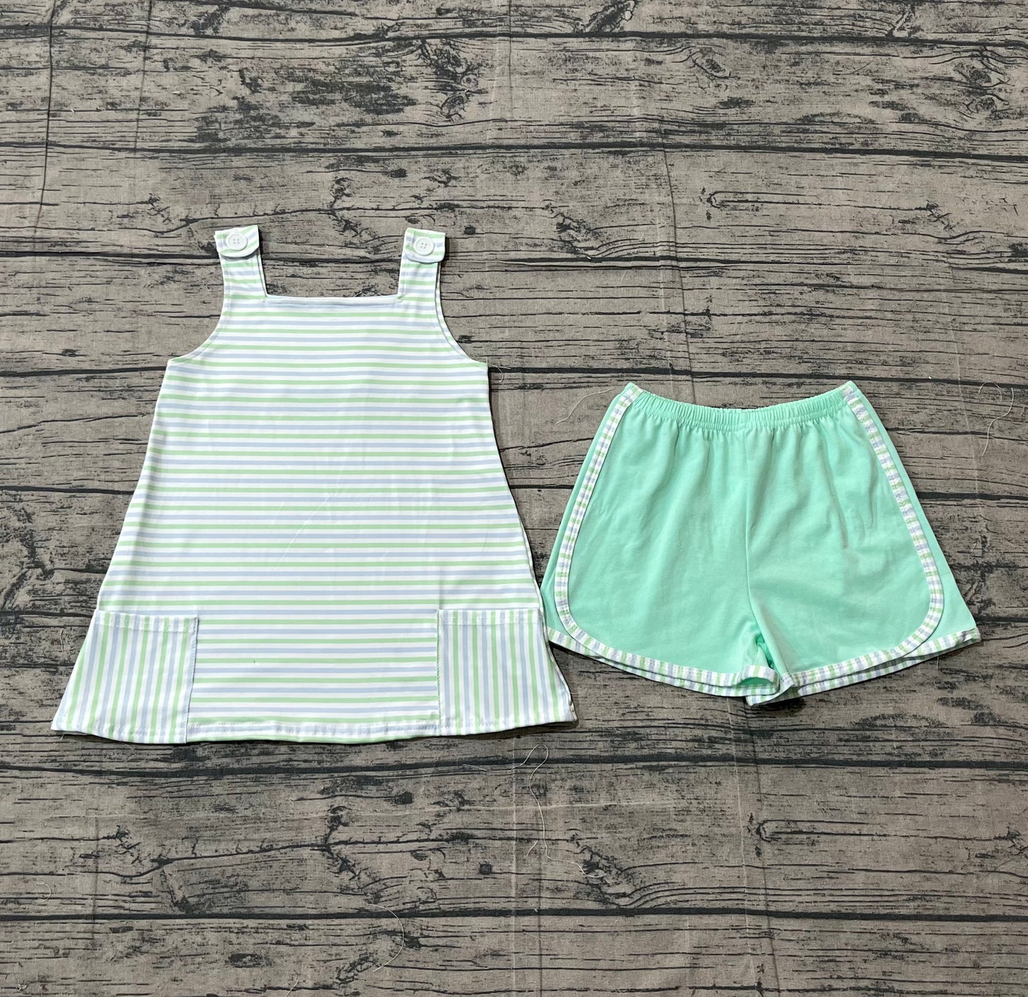 Pre-order Baby Girls Strap Green Stripe Pockets Tunic Shorts Clothes Sets