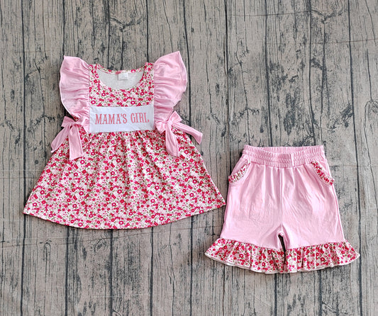 Pre order mama's girl embroidery floral shorts set