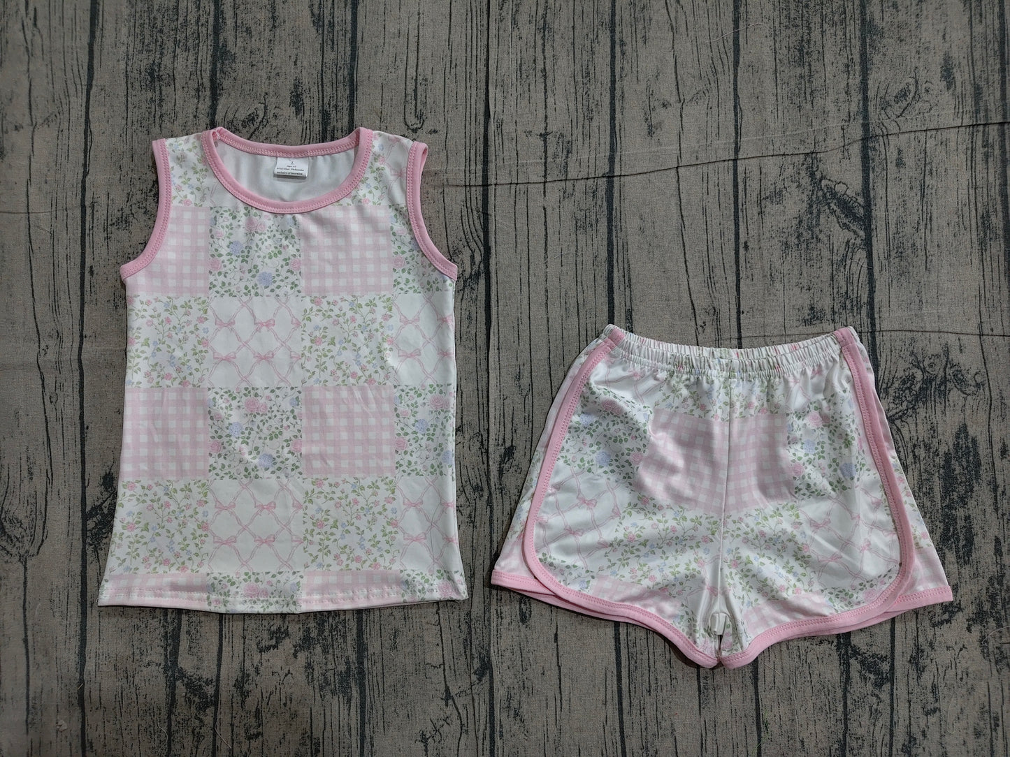 Pre order pink coquette gingham flower patchwork shorts set