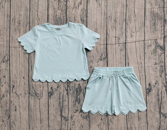 Pre-order Baby Girls Short Sleeve Light Blue Shirts Top Scallop Shorts Clothes Sets