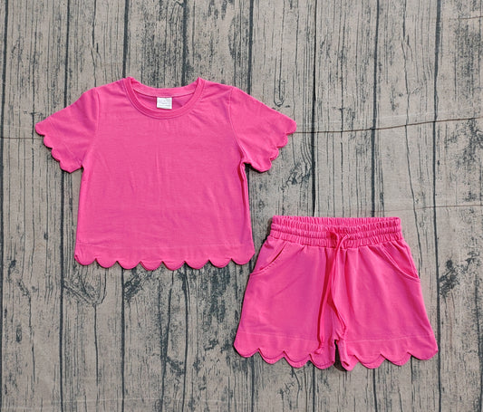 Pre-order Baby Girls Short Sleeve Hot Pink Shirts Top Scallop Shorts Clothes Sets