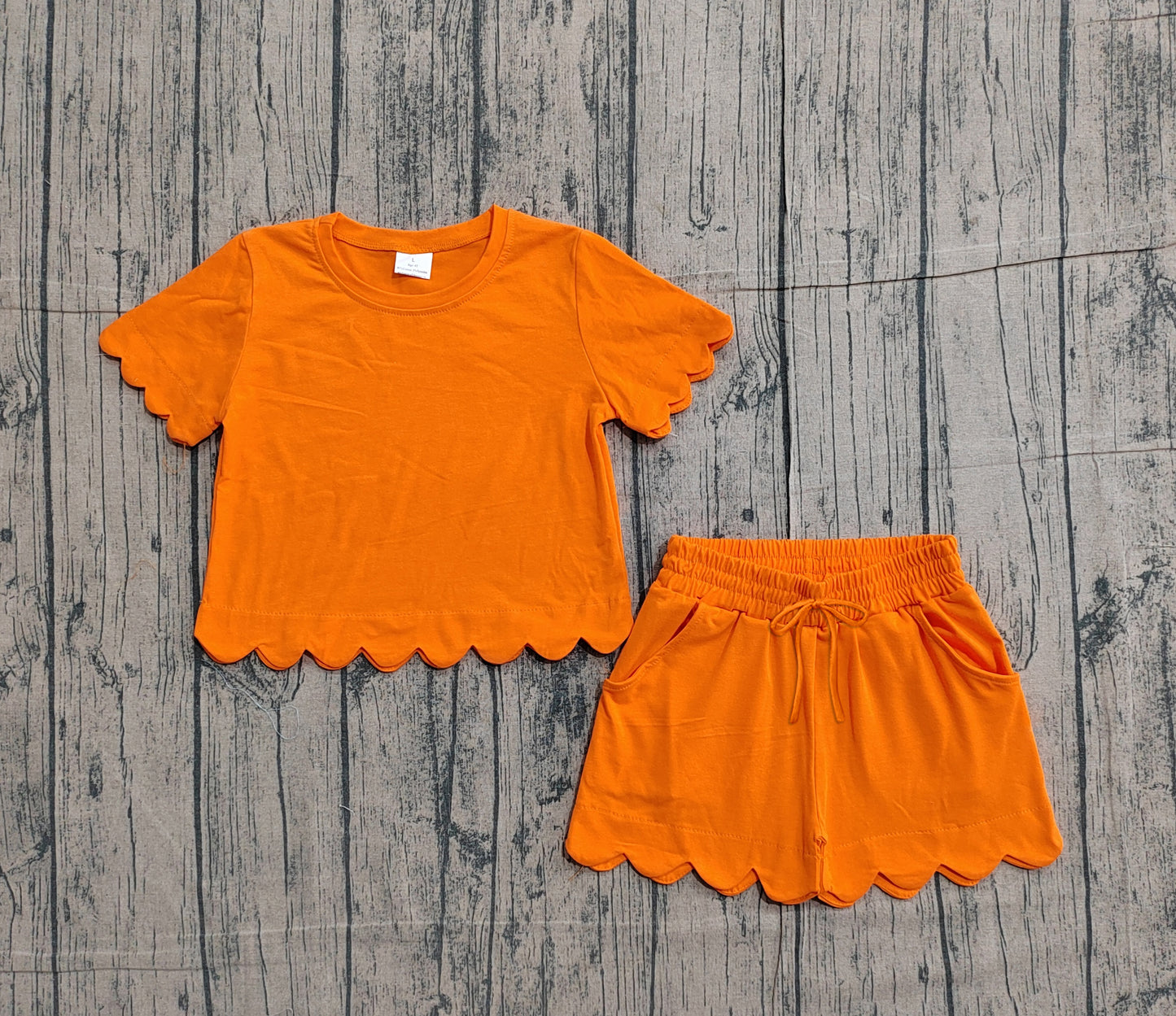 Pre-order Baby Girls Short Sleeve Orange Shirts Top Scallop Shorts Clothes Sets