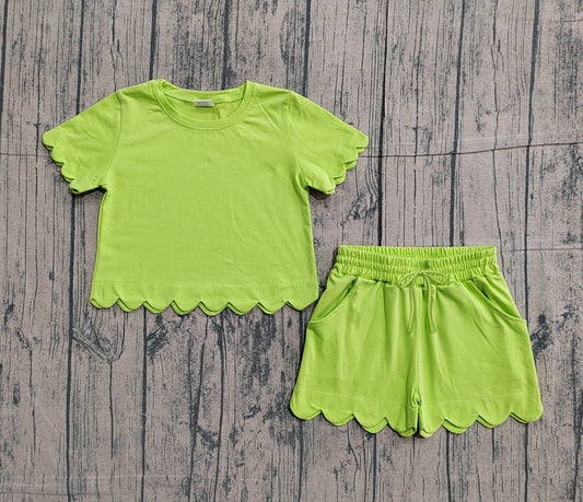 Pre-order Baby Girls Short Sleeve Green Shirts Top Scallop Shorts Clothes Sets