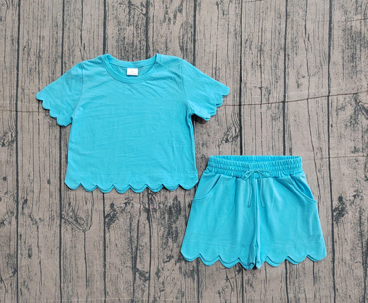 Pre-order Baby Girls Short Sleeve Blue Shirts Top Scallop Shorts Clothes Sets