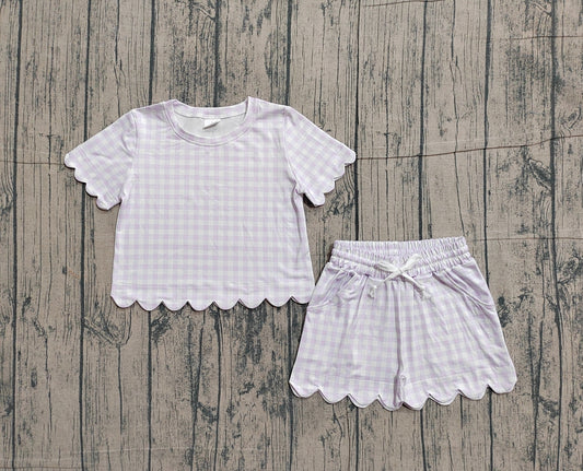 Pre-order Baby Girls Short Sleeve Lavender Checked Shirts Top Scallop Shorts Clothes Sets