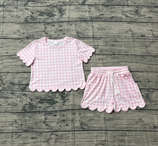 Pre-order Baby Girls Short Sleeve Light Pink Checked Shirts Top Scallop Shorts Clothes Sets