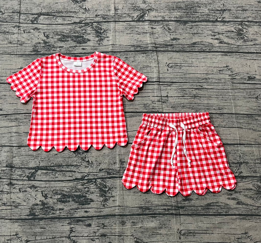 Pre-order Baby Girls Short Sleeve Red Checked Shirts Top Shorts Scallop Clothes Sets