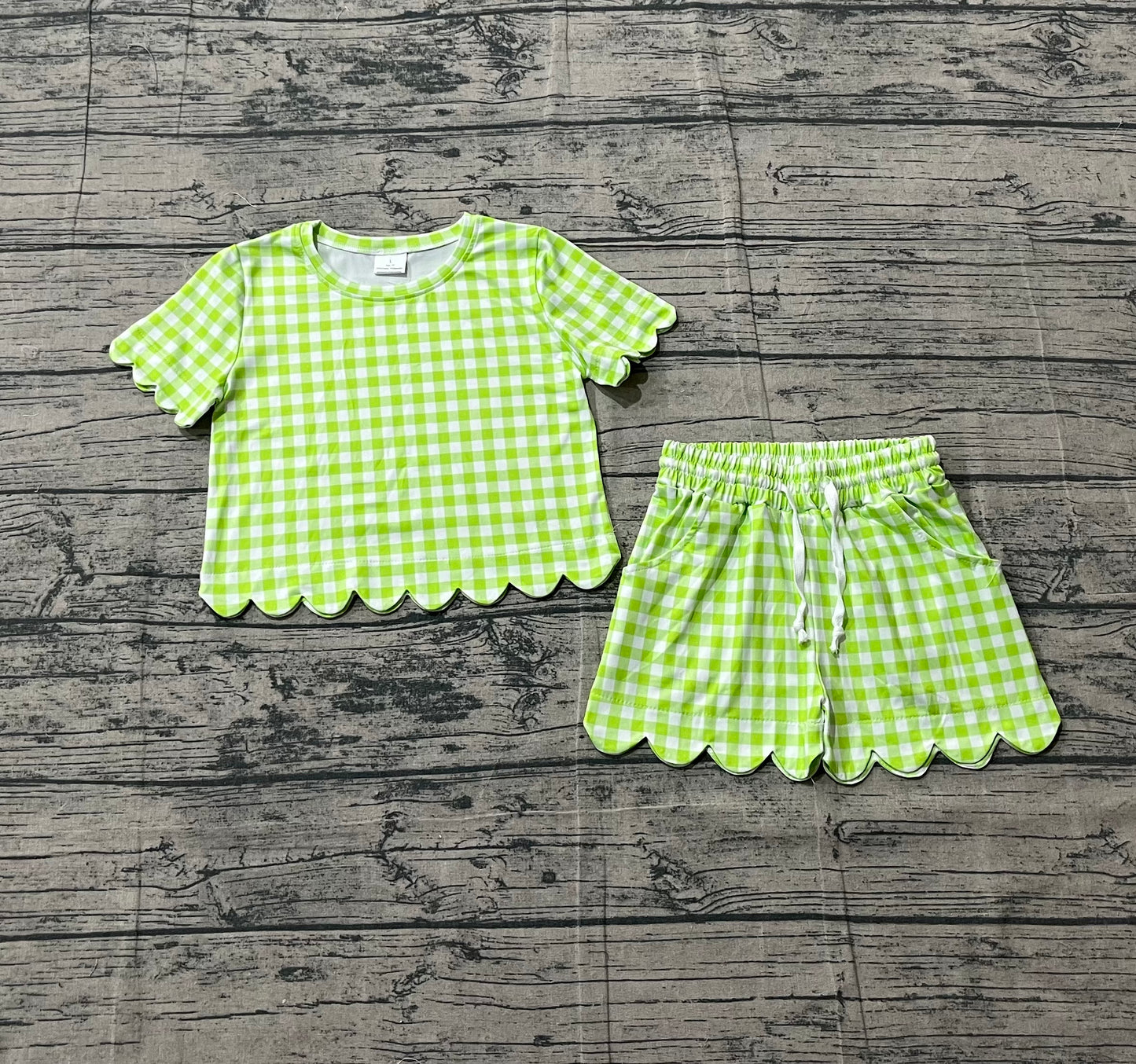 Pre-order Baby Girls Short Sleeve Green Checked Shirts Top Scallop Shorts Clothes Sets