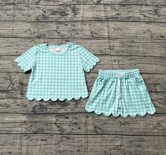 Pre-order Baby Girls Short Sleeve Blue Checked Shirts Top Scallop Shorts Clothes Sets
