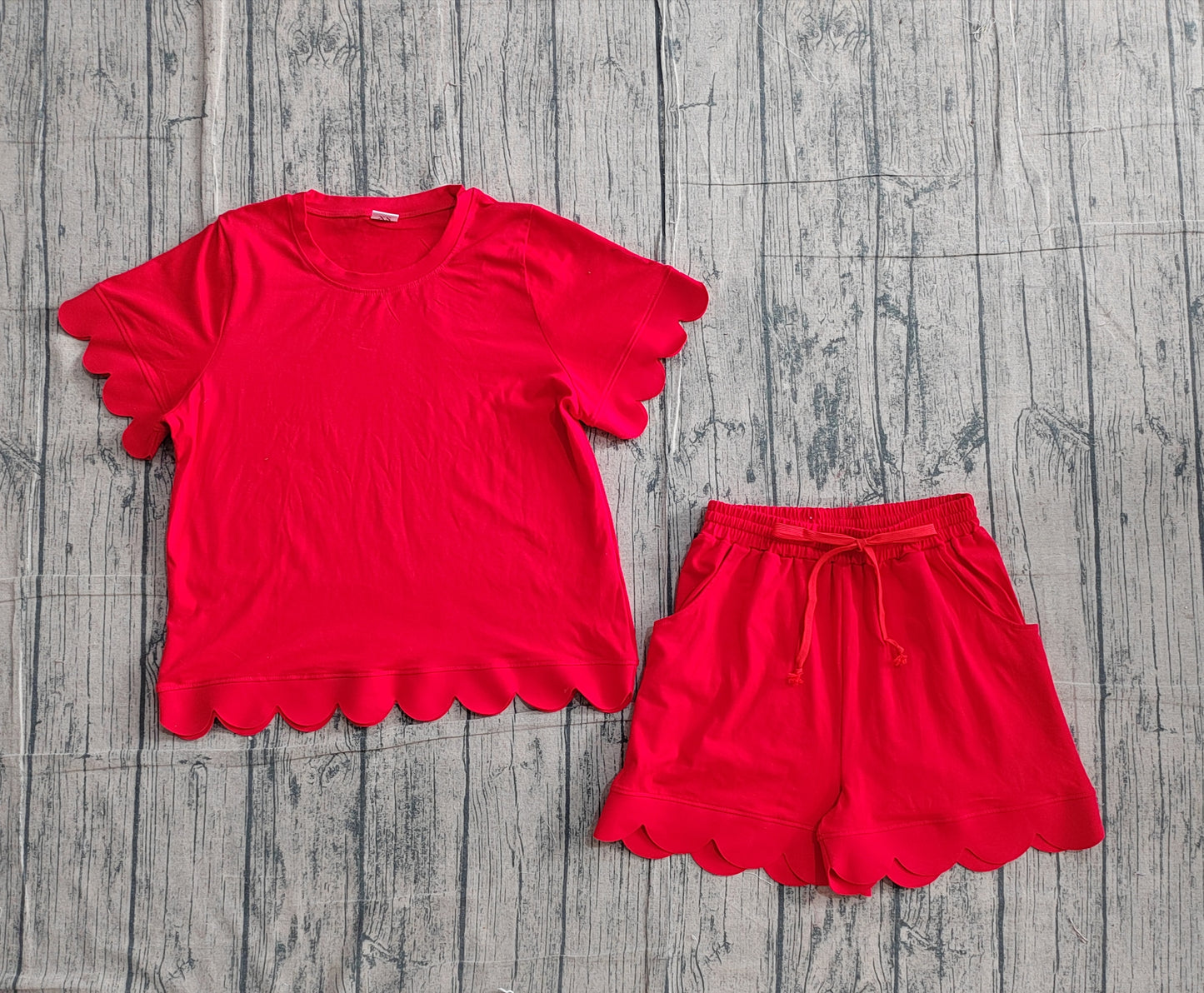 Pre-order Adult Women Red Shorts Sleeve Shirts Top Scallop Short Clothes Sets