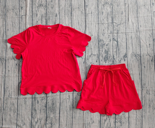 Pre-order Adult Women Red Shorts Sleeve Shirts Top Scallop Short Clothes Sets