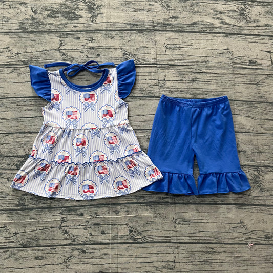 Pre-order 4th of july blue bow flag shorts set