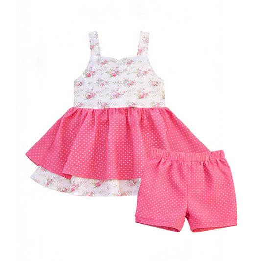 Presale GSSO3302 Baby Girls Summer Outifit Baby Girls Strap Flowers Polka Dots Button Tunic Shorts Clothes Sets