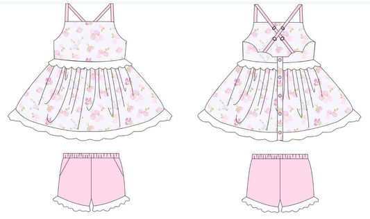 Presale GSSO3303 Baby Girls Summer Outifit Baby Girls Strap Flowers Button Tunic Pockets Ruffle Shorts Clothes Sets