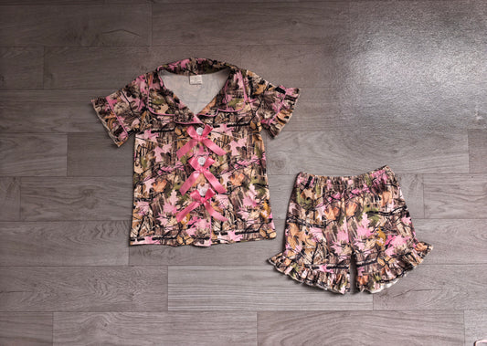 Pre order short sleeve ruffle bow button down camo pajamas