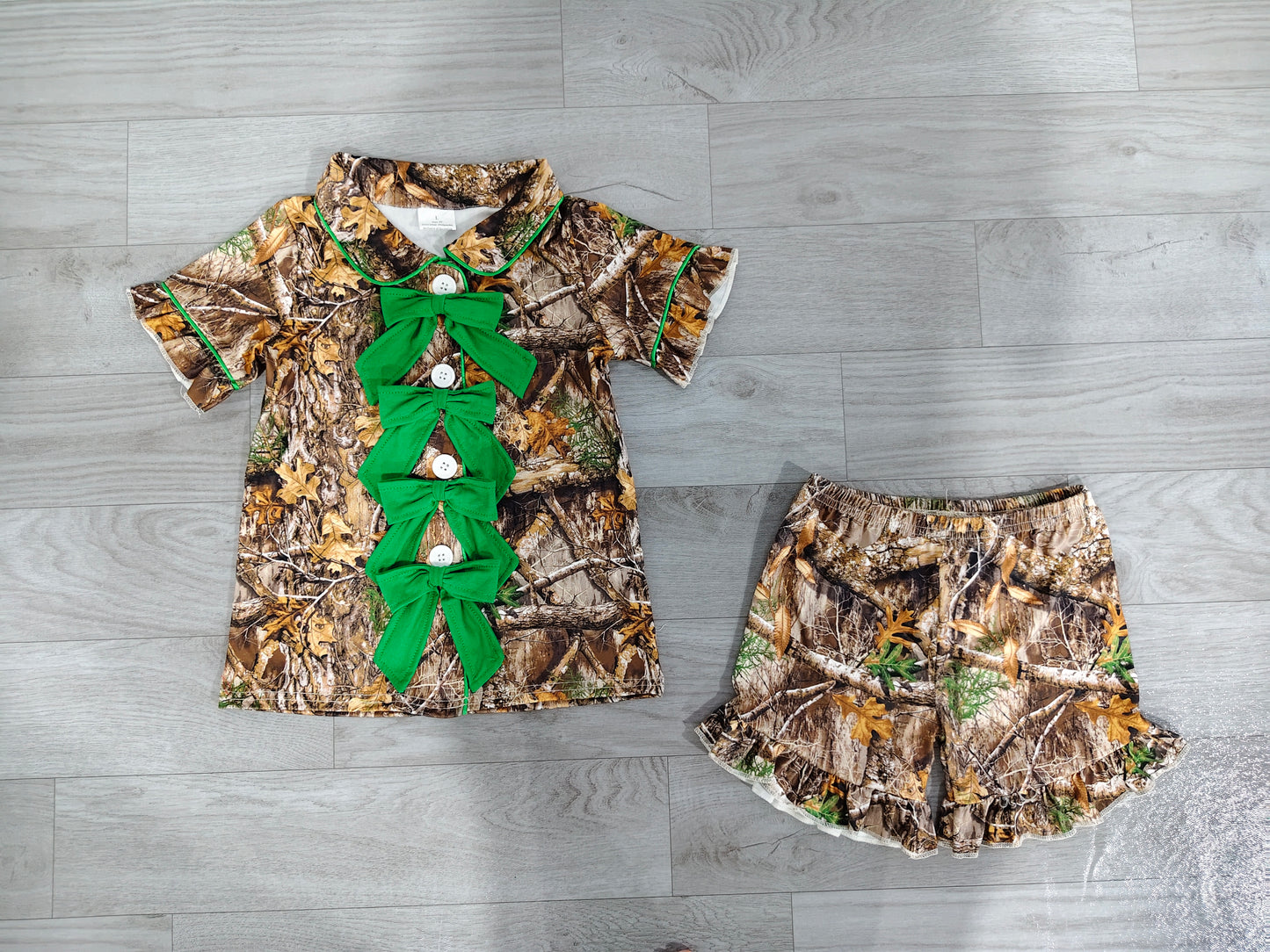 Pre order short sleeve ruffle bow button down camo pajamas