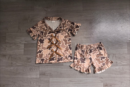 Pre order short sleeve ruffle bow button down camo pajamas
