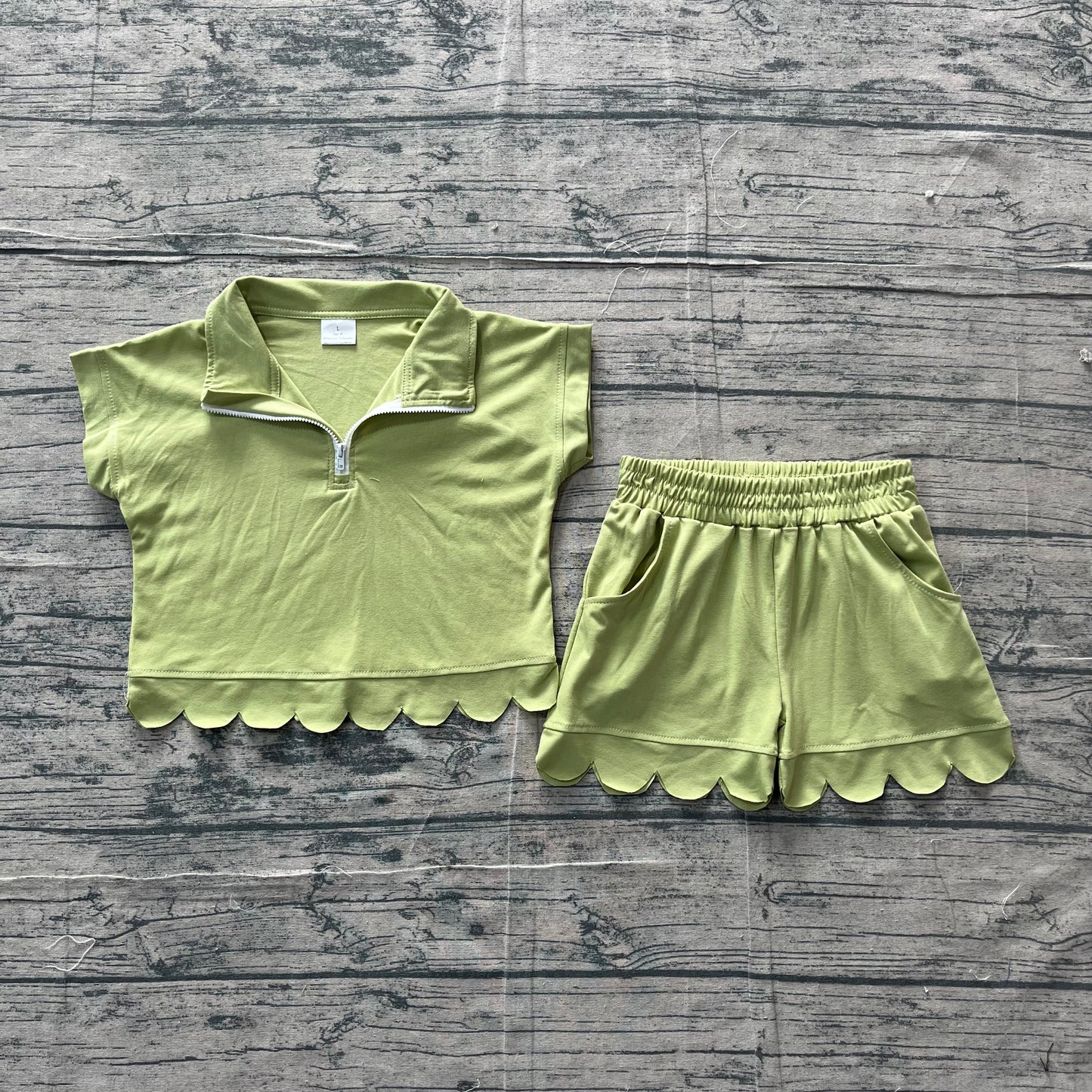 Pre order cotton green zip scallop shorts set