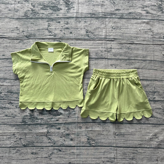 Pre order cotton green zip scallop shorts set