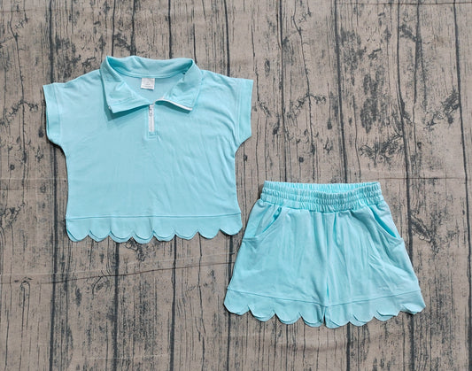 Pre order cotton blue zip scallop shorts set