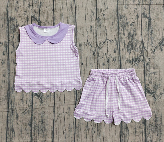 Pre order purple gingham collared scallop shorts set