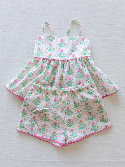 Pre order floral suspender shorts set